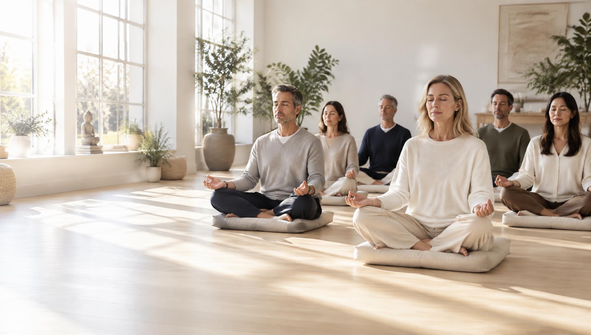 A small group of executives meditating together in a bright, cosy studio